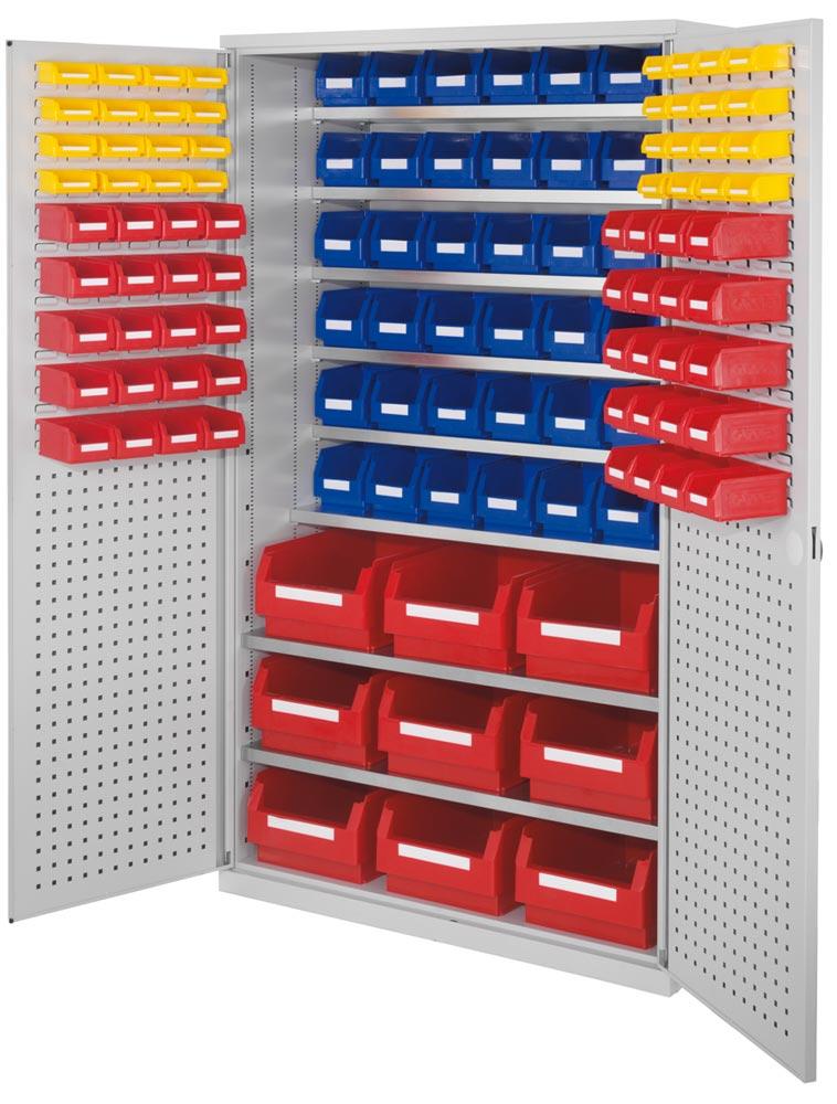 Großraumschrank, Türen mit Lochplatten, Kästen: 20xGr. 4, 28xGr. 6, 30xGr. 7, BxTxH 1130x590x1950 mm, RAL 7035 lichtgrau