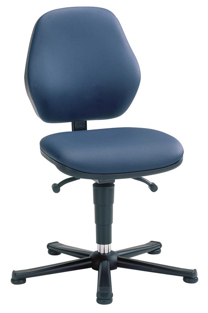 Arbeitsdrehstuhl für Werkstatt, Labor, Oberfläche Kunstleder blau, Rollen, Sitz Höhe 470-610 mm