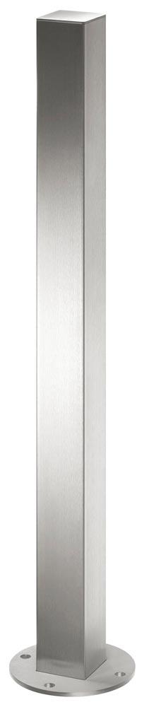 Edelstahl-Sperrpfosten, mit runder Bodenplatte zum Aufdübeln, Rohr eckig, 70x70 mm, mit Flachkopf, Höhe ü. Flur 900 mm
