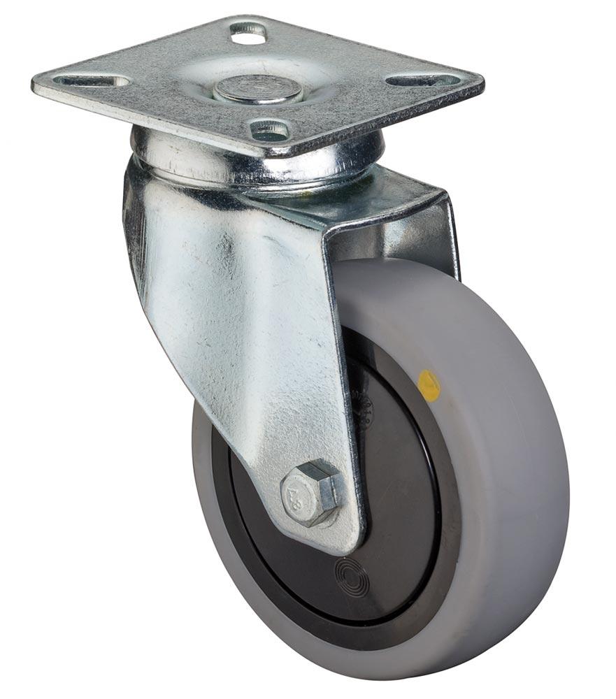 ESD-Apparaterolle, Lenkrolle, Gummi thermoplastisch grau, Durchm. 50 mm, Traglast 50 kg, Kugellager, Anschraubplatte