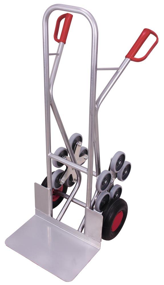Alu-Treppenkarre, Schaufel-BxT 480x300 mm, BxTxH 570x580x1310 mm, Traglast 200 kg, Luftbereifung + 2 fünfarmige Radsterne Vollgummibereifung