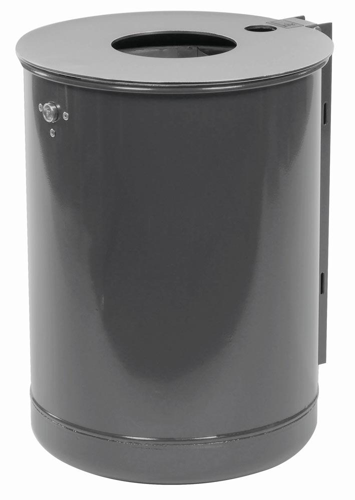 Abfallbehälter mit Ascher 50 l, m. Edelst.-Deckelscheibe DxH 380x515 mm, angeschw. U-Profilschiene zum Montage, Einsatzbehälter, RAL 7016