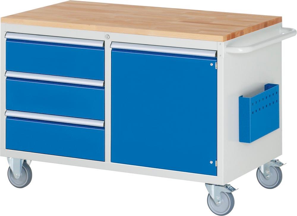 Montagewagen mit Buche Platte 25mm,  BxTxH 1145x650x795 mm, 3 Schubladen 180 mm, 1 x Flügeltür 540 mm, RAL 7035/5010