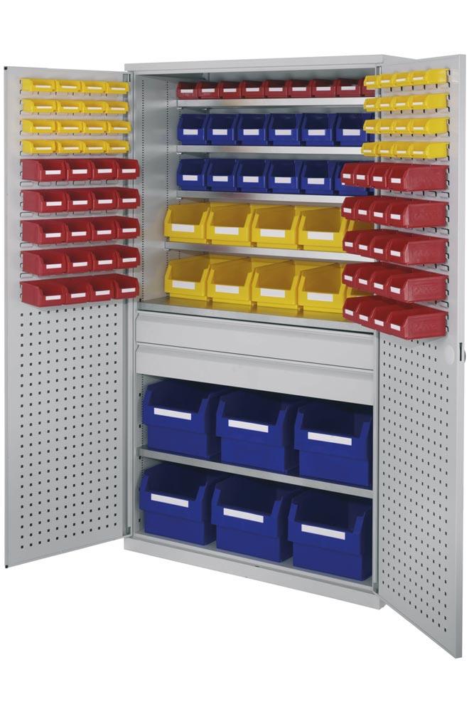 Großraumschrank, Türen mit Lochplatten, Kästen: 20xGr. 4, 28xGr. 6, 30xGr. 7, BxTxH 1130x590x1950 mm, RAL 7035 lichtgrau