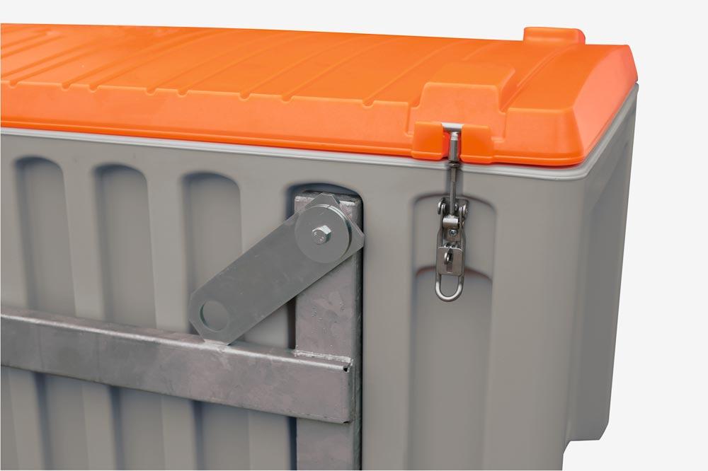 Materialbox, kranbar, Polyethylen, grau/orange, Volumen 750 l, BxTxH 1700x860x800 mm, Gewicht 75 kg, ohne Seitentür
