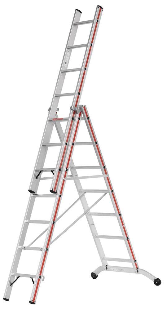 Mehrzweckleiter, 3-teilig, 2x10 Sprossen + 10 Stufen, Länge als Anlegeleiter 7200 mm, Länge eingefahen 3000 mm, Gewicht 26,3 kg Mehrzweckleiter, 3-teilig, 2x10 Sprossen + 10 Stufen, Länge als Anlegeleiter 7200 mm, Länge eingefahen 3000 mm, Gewicht 26,3 kg