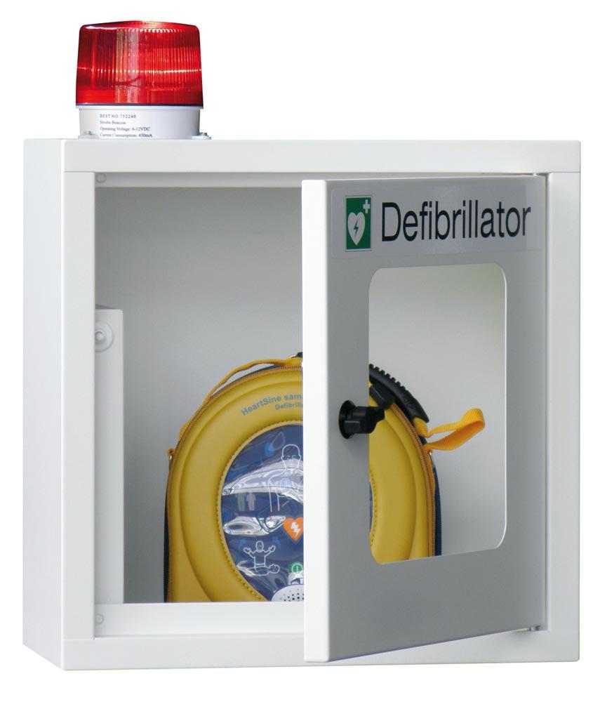 Defibrillatorenschrank mit Alarmfunktion + Lampe, Sichtfenster und Drehverschluss, inkl. 9V-Batterie, BxTxH 400x220x490 mm, RAL 7035