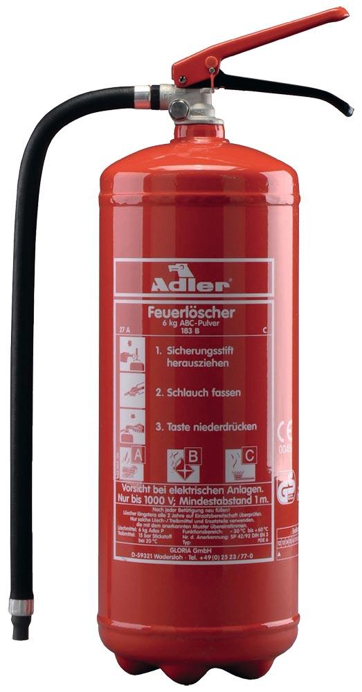 Pulverfeuerlöscher Adler PDE6 6 kg mit Dauerdruck Brandklasse A 27 A 183 B C mit Wandhalter