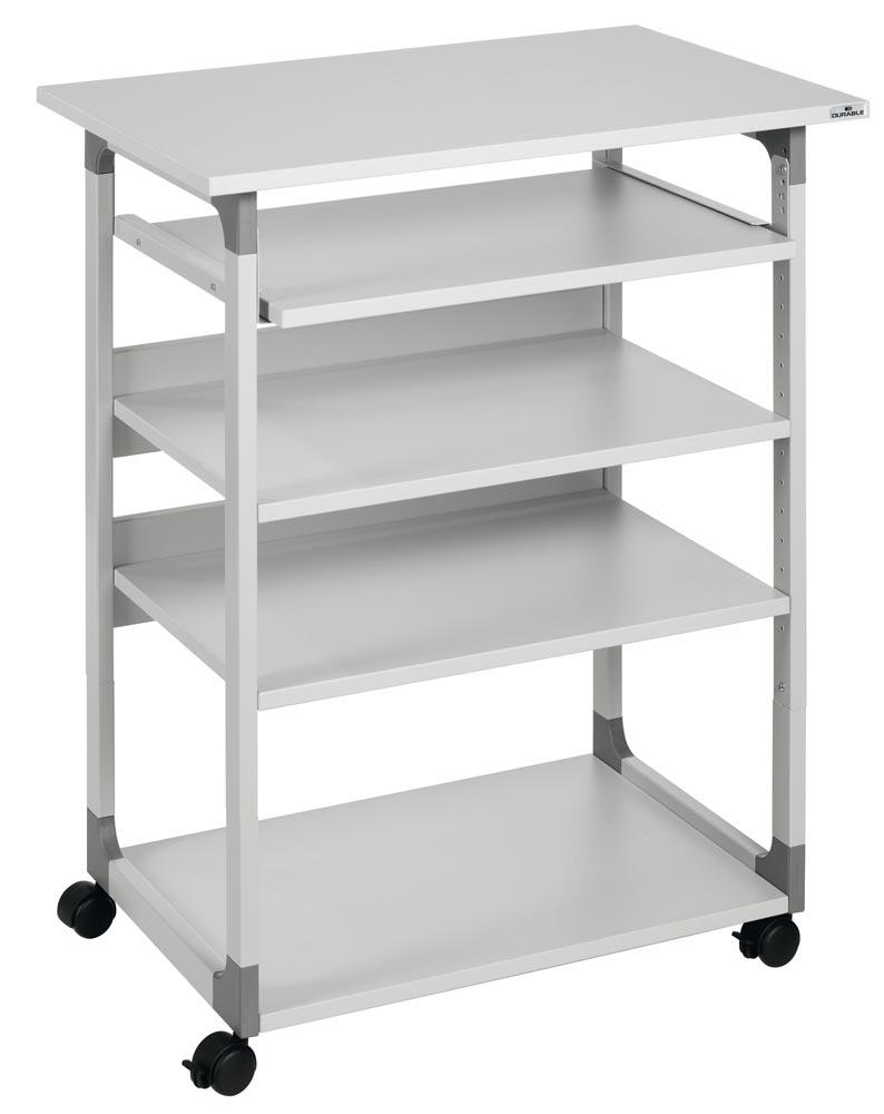 Computertisch, BxTxH 750x534x950-1150 mm, 4 Böden, höhenverstellbarer Tastaturauszug, fahrbar, lichtgrau
