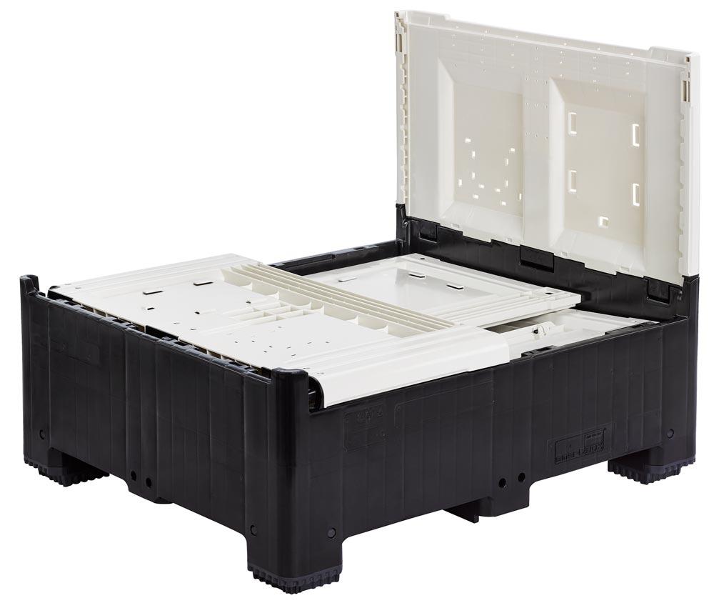Klappbare Palettenbox mit Seitenklappe, Boden/Seiten geschlossen, 4 Füße, Vol. 720 l, BxTxH 1200x1000x800 mm