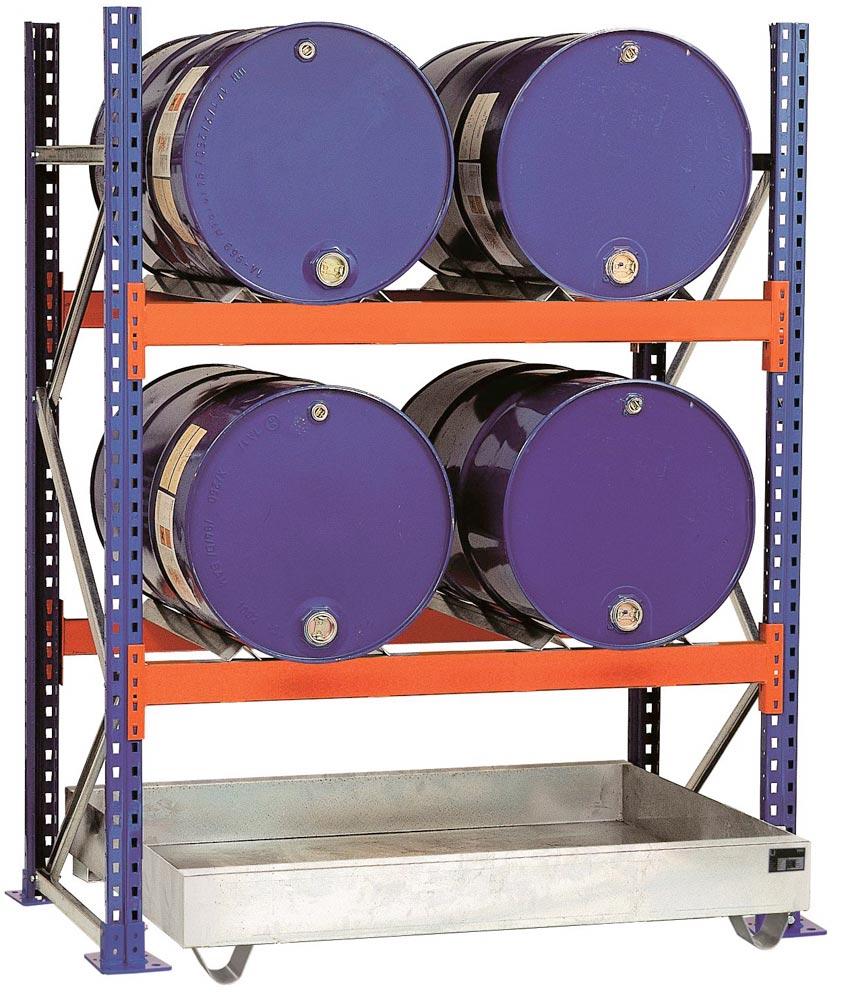 Fassregal, GF, für 6x200 l-Fässer, liegende Lagerung, mit Auffangwanne 285 l, BxTxH 1350x850x2500 mm