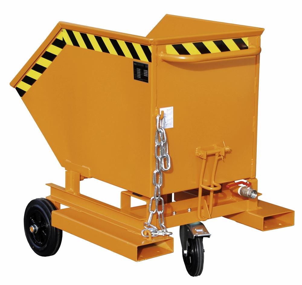 Fahrbarer Späne-Kippbehälter mit Einfahrtaschen, Volumen 0,4 cbm, LxBxH 1320x900x1090 mm, lackiert RAL 2000 gelborange