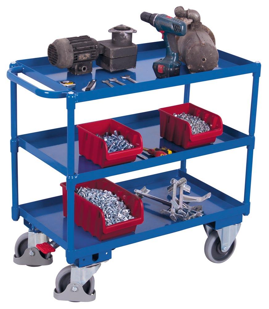 Tischwagen, 3 öldicht verschweißte Wannen, Ladefläche LxB 995x695 mm, Außenmaße LxBxH 1135x700x950 mm, Traglast 400 kg, RAL 5010 enzianblau