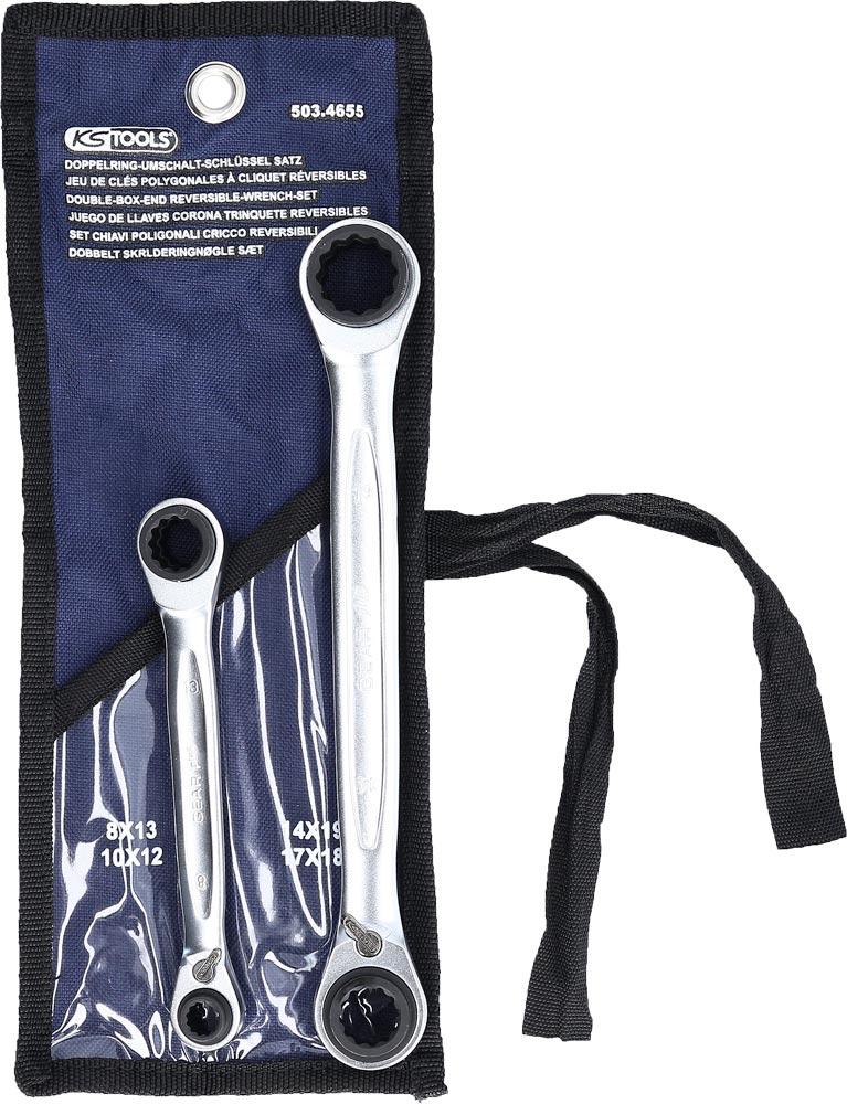Doppel-Ratschenringschlüssel-Satz GEARplus 4 in 1, umschaltbar, 2tlg., 8-19 mm, Rolltasche Doppel-Ratschenringschlüssel-Satz GEARplus 4 in 1, umschaltbar, 2tlg., 8-19 mm, Rolltasche