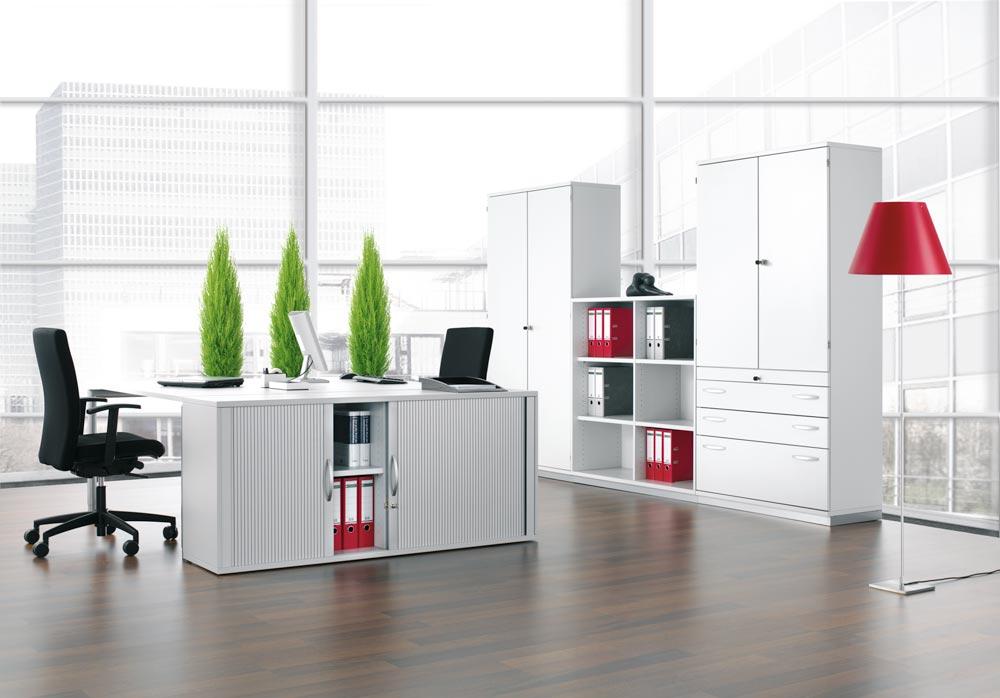 Büro-Querrollladenschrank, BxTxH 1600x425x1152 mm, 3 OH, Mitteltrennwand, 4 Böden, Schloss, lichtgrau