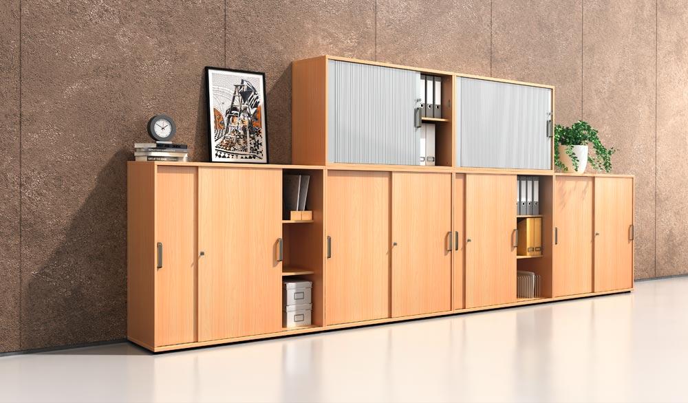 Büro-Schiebetürenschrank, BxTxH 1200x400x1100 mm, 3 OH, 2 Böden, Schloss, weiß