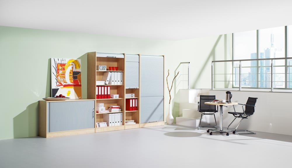 Büro-Rollladenschrank, BxTxH 1200x400x1100 mm, 3 OH, 2 Böden, Schloss, Korpus lichtgrau, Rollladen Alu