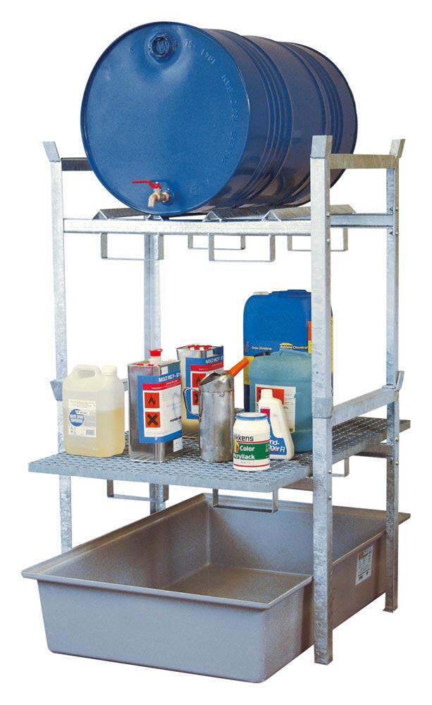 Fassregal, Stahl verzinkt, mit Fassauflage für 2x60-l-Fässer oder 1x200-l-Fass u. Gitterrostauflage, GFK-Auffangwanne 220 l, BxTxH 990x1280x1620 mm