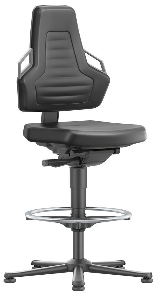 Arbeitsdrehstuhl mit autom. Gewichtregulierung, Sitz Kunstleder schwarz, Griffe grau, Gleiter u. Fußring, Sitz Höhe 570-820 mm
