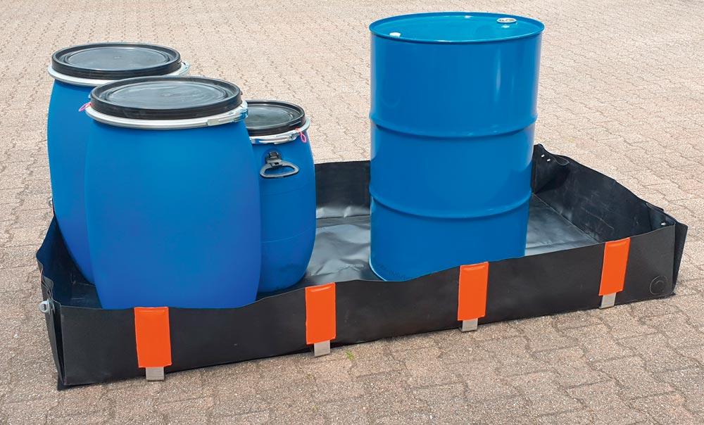 Flexible Auffangwanne, BxTxH 1000x2000x250mm, Aufnahme 500 Liter, für 2x200 Liter Fass