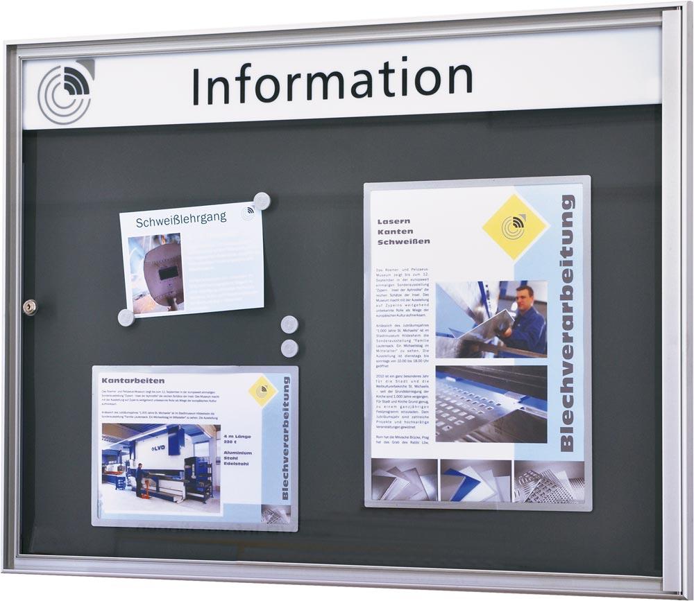 Schaukasten, BxTxH 760x27x985 mm, DIN A1 hoch, Aluprofile, ESG-Glas, Rückwand weiß, inkl. 10 Magnete + 1 Einstecktasche
