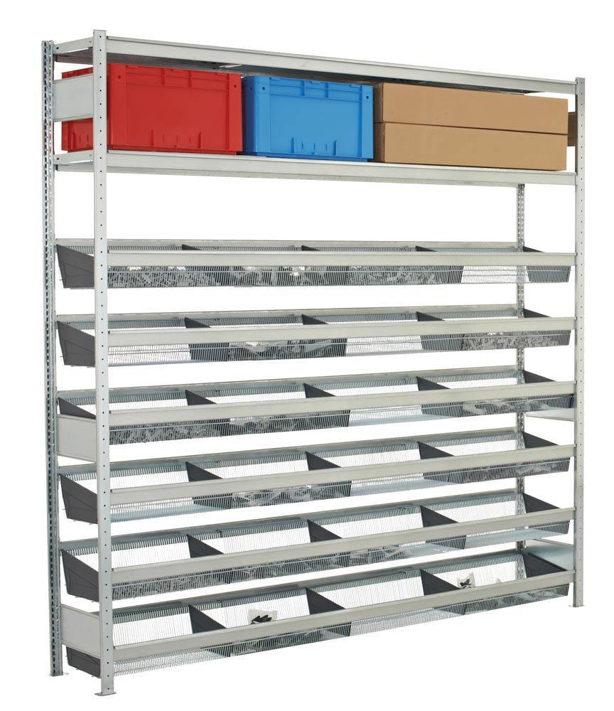 Kleinteileregal mit Gitterkörben, Grundfeld, verzinkt, BxTxH 1500x400x2500 mm, 6 Ebenen Gitterkörbe, 2 Fachbodenebenen, Fachlast 400 kg