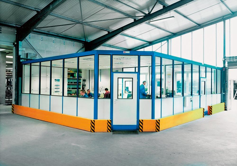 Hallenbüro, 2-seit. in Gebäudeecke, ohne Boden, 3 Leuchten, BxTxH 4050x4050x2630 mm, RAL 9002 grauweiß, Rahmen RAL 7016 anthrazit
