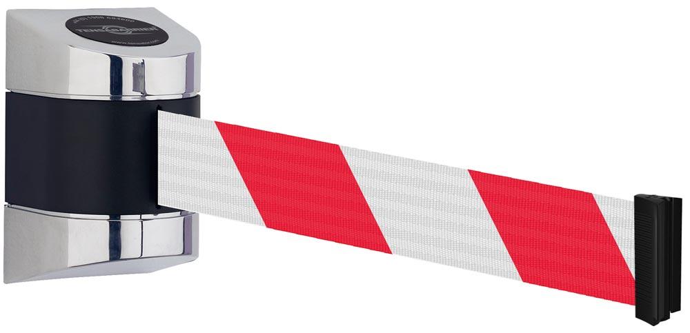 Wandkassette mit Rollgurt, Wandfixierung inkl. Wandanschluss, Gehäuse Kunststoff Chrom, Gurt 4,60 m, rot/weiß