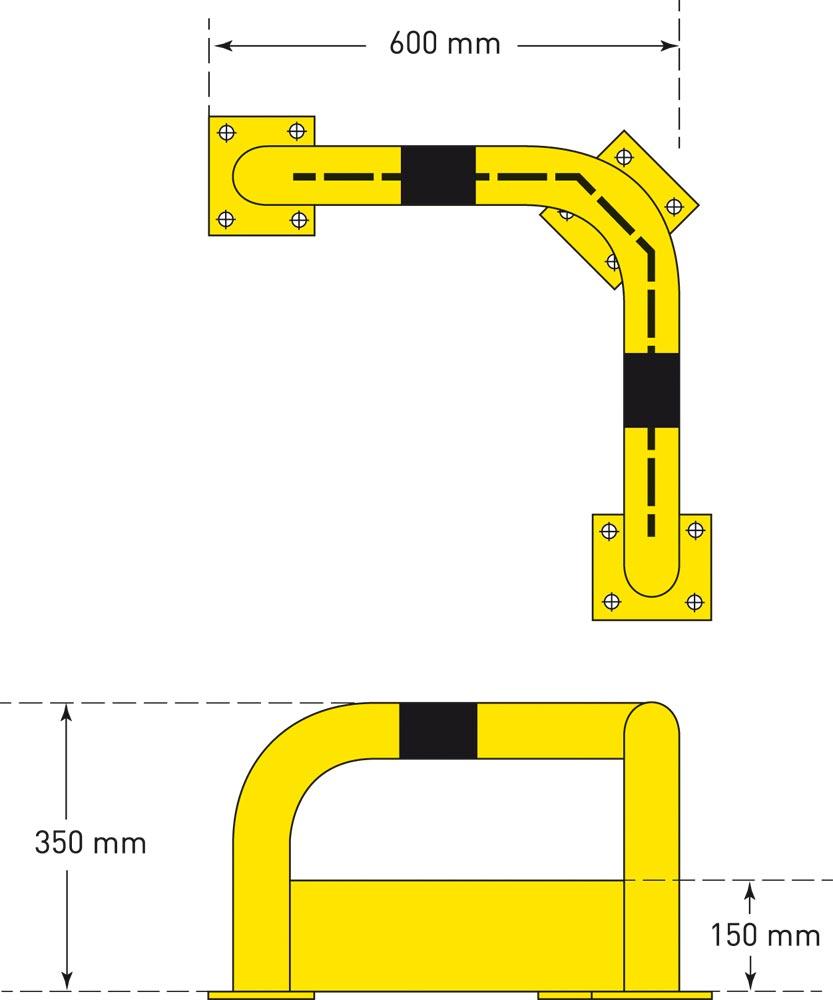 Eck-Rammschutz-Bügel, mit Unterfahrschutz, Rundrohr 76/3 mm, zum Aufdübeln, Innenbereich, Farbe gelb/schwarz, BxTxH 600x600x350 mm