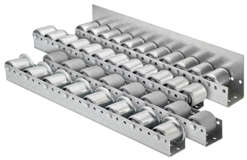 Palettenrollschiene, verzinkt, Profil zweireihig, Rolle mit PVC-Belag, Durchm. 54 mm, Traglast 160 kg, Bauhöhe 69 mm, Achsabstand 182 mm