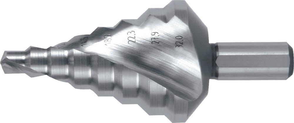 Stufenbohrer Bohrbereich 6-32 mm HSS spiralgenutet Schneidenanzahl 2 Stufenanzahl 8