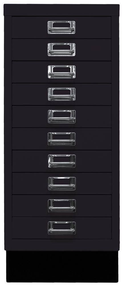 Büro-Schubladenschrank, BxTxH 279x380x670 mm, 10 Schubladen 51 mm, DIN A4, Sockel 80 mm hoch, schwarz