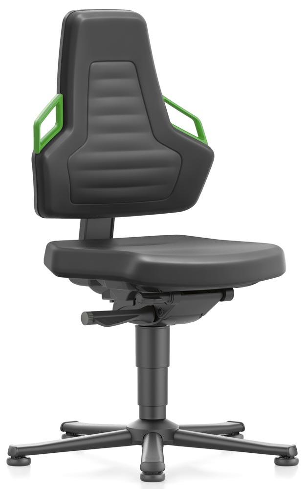 Arbeitsdrehstuhl mit autom. Gewichtregulierung, Sitz Integralschaum schwarz, Griffe grün, Gleiter, Sitz Höhe 450-600 mm