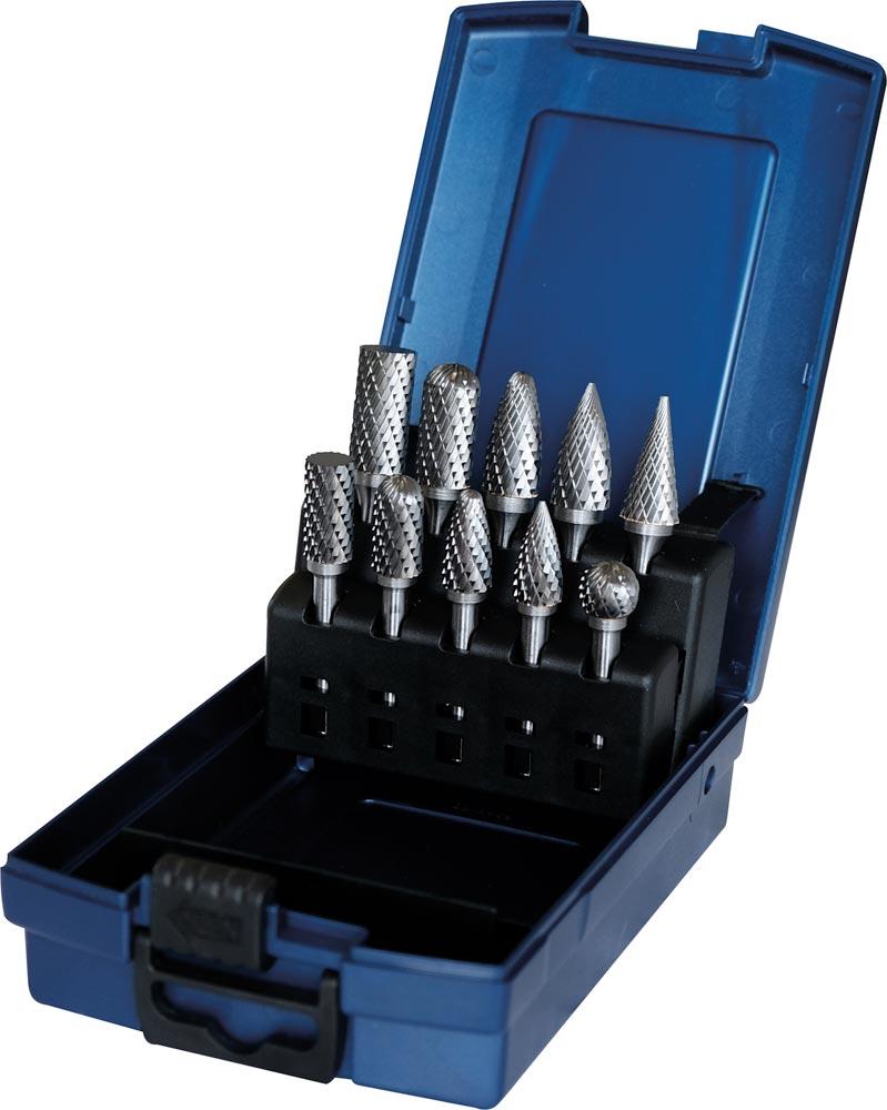 Hartmetall Frässtift-Satz 10 tlg. mit Kreuzverzahnung Hartmetall Frässtift-Satz 10 tlg. mit Kreuzverzahnung