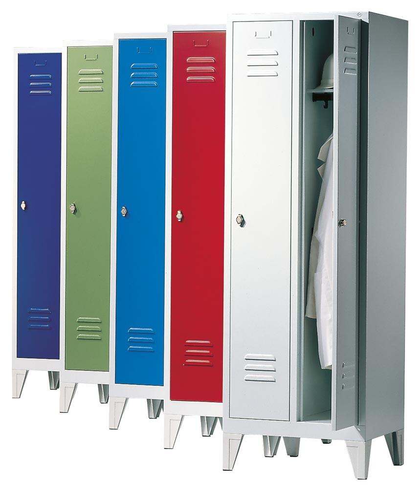 Garderobenschrank, einzeln verschließ. Abteil, BxTxH 610x500x1850 mm, 2 Abteile, B 300 mm, Füße, Drehriegel RAL 7035/5010