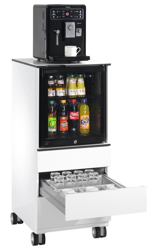 Kühlschrank-Caddy, BxTxH 500x600x1157 mm, Kühlschrank, 3 Schubladen für Besteck + Geschirr RAL 9016 verkehrsweiß