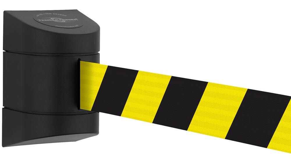 Wandkassette mit Rollgurt, Wandfixierung inkl. Wandanschluss, Gehäuse Kunststoff schwarz, Gurt 4,60 m, gelb/schwarz