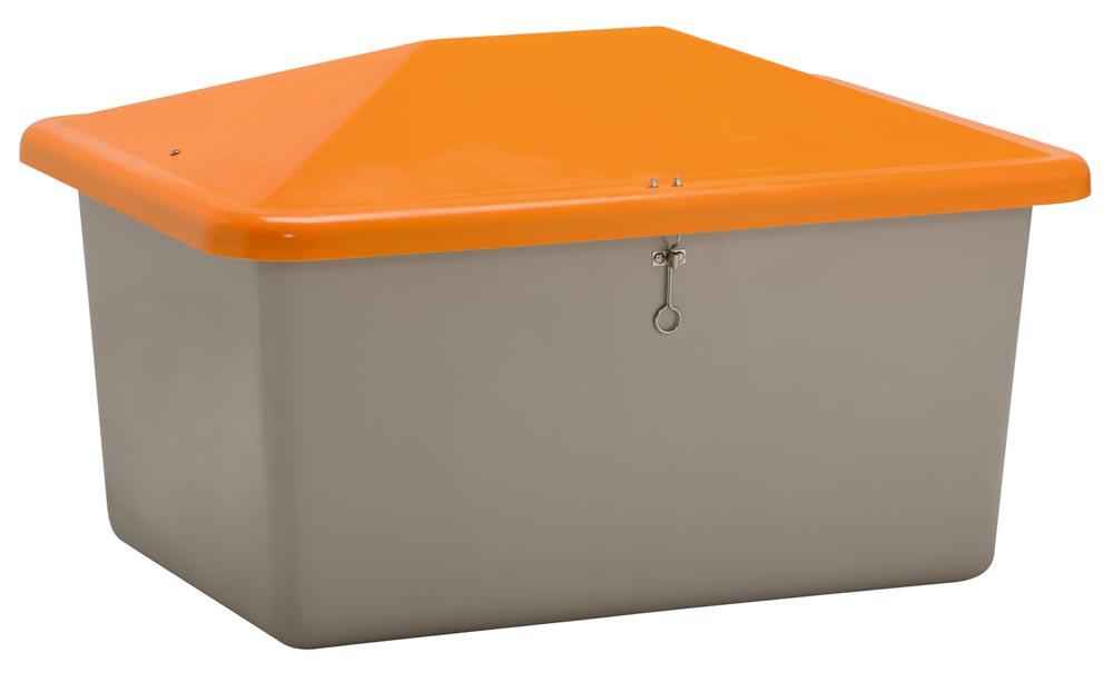 Streugutbehälter 1100 l, Außenmaß BxTxH 1630x1210 x1010 mm, ohne Entnahmeöffnung, Korpus grau, Deckel orange