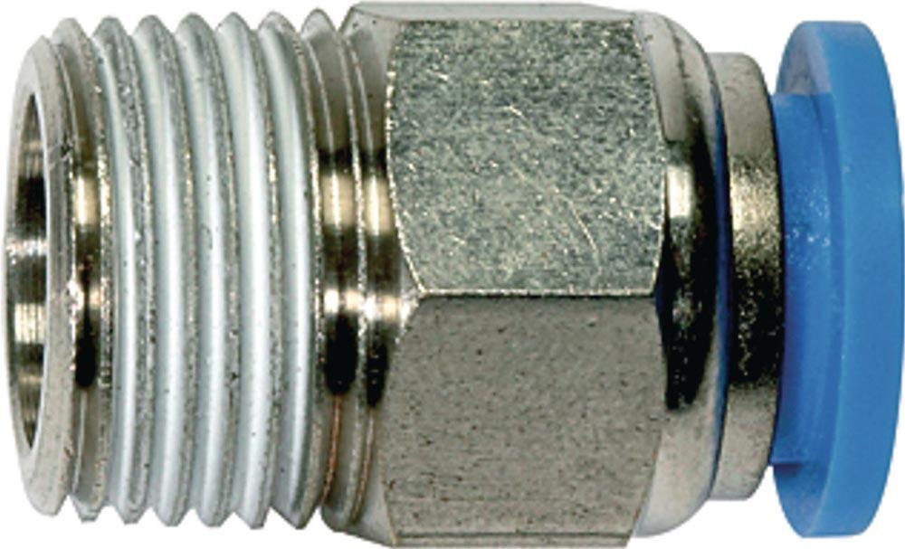 Gerade Steckverschraubung Blaue Serie Außengewinde R 1/2  SW 21 mm m. Gewindebeschichtung u.6-kant, konisch 6 mm 4 mm