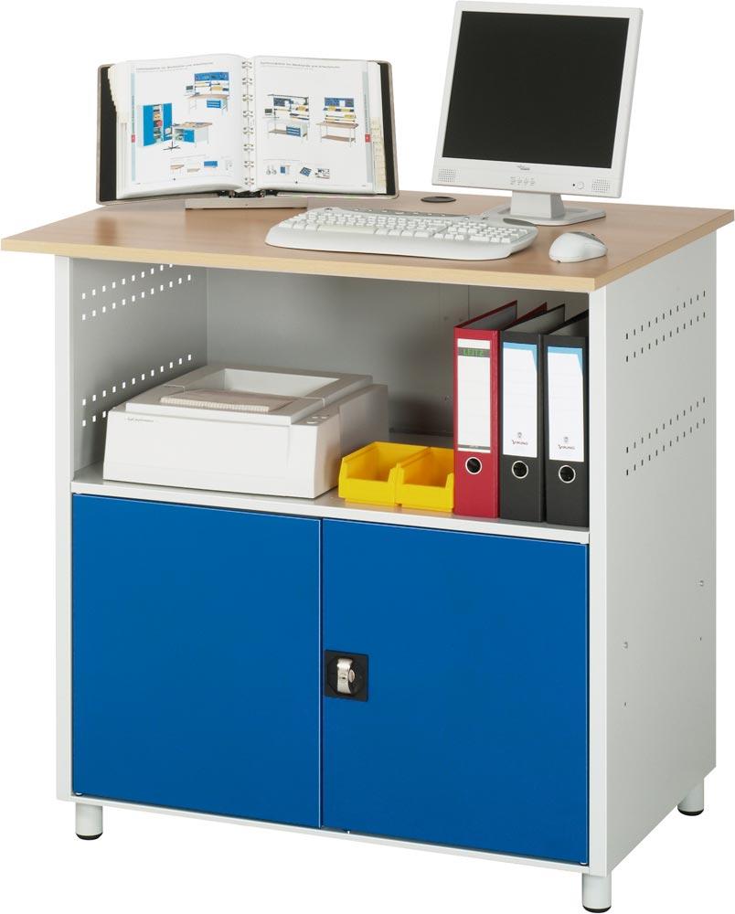 EDV-Schrank, Buche-Dekor-Platte 25 mm stark, stationär, links 1 Fach, rechts 2 Fächer, ohne Monitorgehäuse, BxTxH 1100x800x1100 mm, RAL 7035/5010