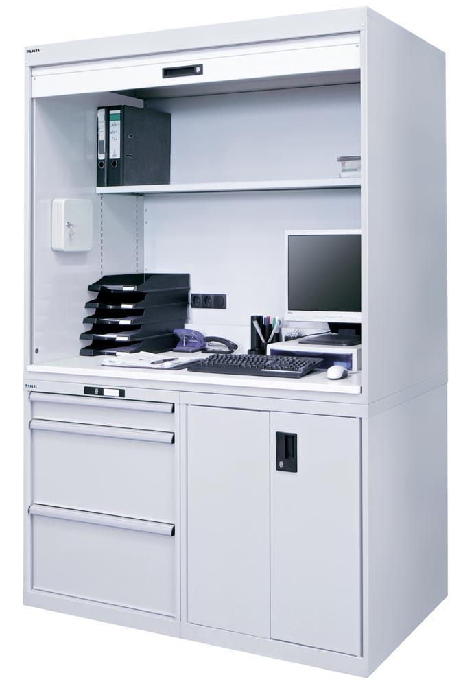Arbeitsplatzsystem BxTxH 1434x725x2100 mm, RAL 7035, 1 Aufsatzschrank mit Rolladen, 1 Schubladenschrank, 1 Hardwareschrank