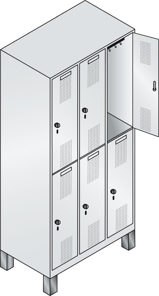 Fächerschrank, Front Stahl, doppelstöckig, 3x2 Fächer, Abt.B 400 mm, Füße, Drehriegel, BxTxH 1200x500x1850 mm, RAL 7035/3003
