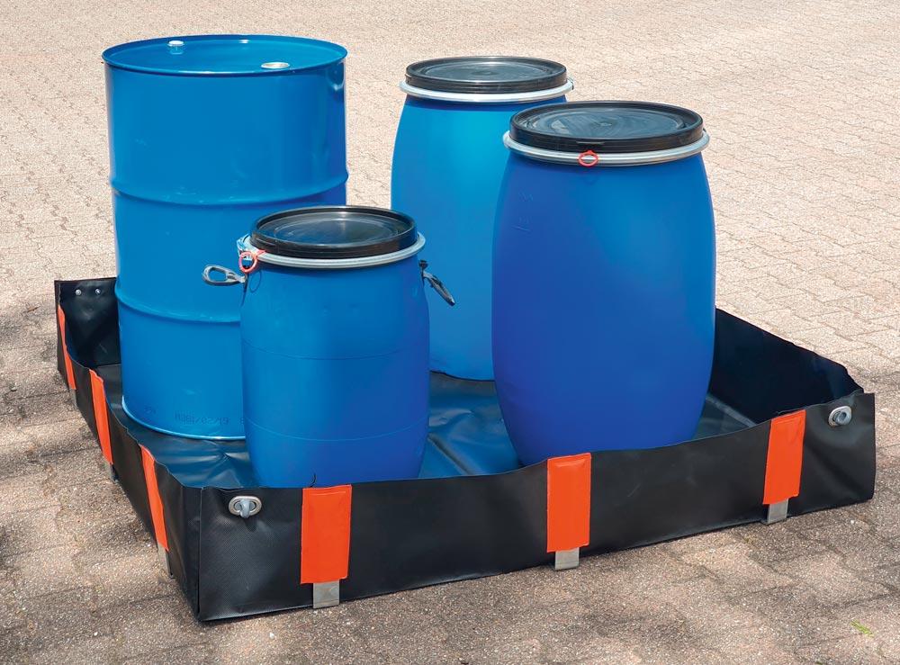 Flexible Auffangwanne, BxTxH 1500x1500x250mm, Aufnahme 562 Liter, für 4x200 Liter Fass