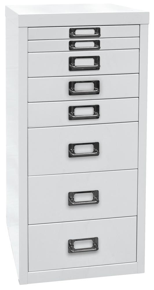 Büro-Schubladenschrank, BxTxH 279x380x590 mm, 8 Schubladen 2x25, 3x51, 3x102 mm, DIN A4, verkehrweiß