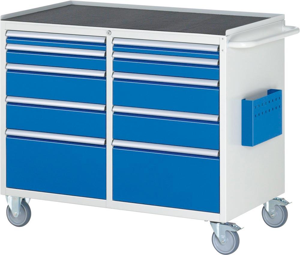 Montagewagen mit Metall Platte, BxTxH 1145x650x975 mm, 10 Schubladen 2x60, 2x90, 4x150, 2x270 mm, RAL 7035/5010