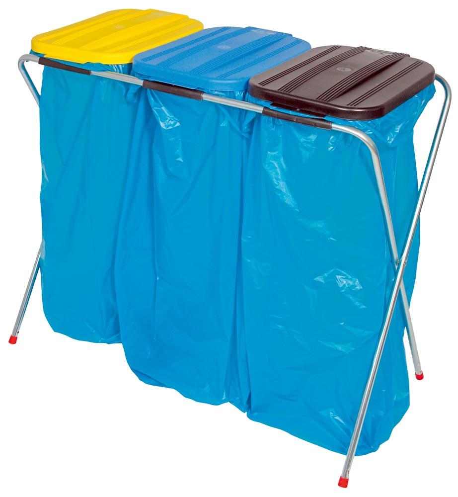 Müllsackständer für 3x70-l-Müllsäcke, mit Klemmring, stationär, mit Kunststoffdeckel je 1 x schwarz, gelb und blau, BxTxH 960x410x810 mm