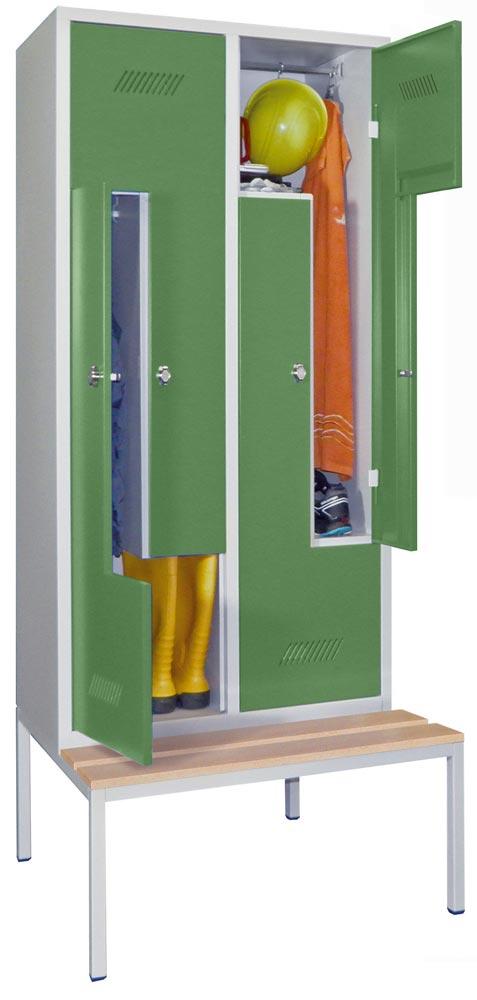 Z-Garderoben, untergeb. Sitzbank, Bucheleiste, 4 Abt., BxTxH 800x500/800x2150 mm, Drehriegel, RAL 7035/6011