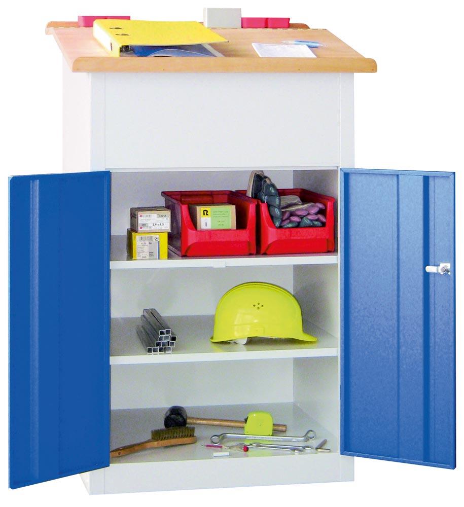 Stehpult, geschlossene Schrank-Ausführung, 2 feste Böden, fester Pultaufsatz, BxTxH 700x600x1100/1200 mm, RAL 7035/5010