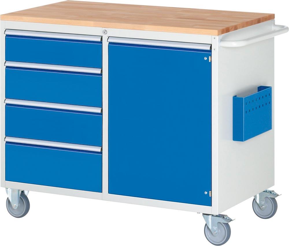 Montagewagen mit Buche Platte 25 mm, BxTxH 1145x650x975 mm, 4 Schubladen 1x150, 2x180, 1x210 mm, 1x Flügeltür 720mm,  RAL 7035/5010