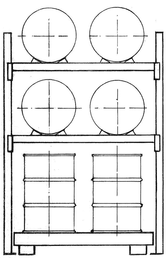 Fassregal, GF, für 4x200 l liegend und 4x200 l stehend, mit Auffangwanne 285 l, BxTxH 1350x850x2500 mm
